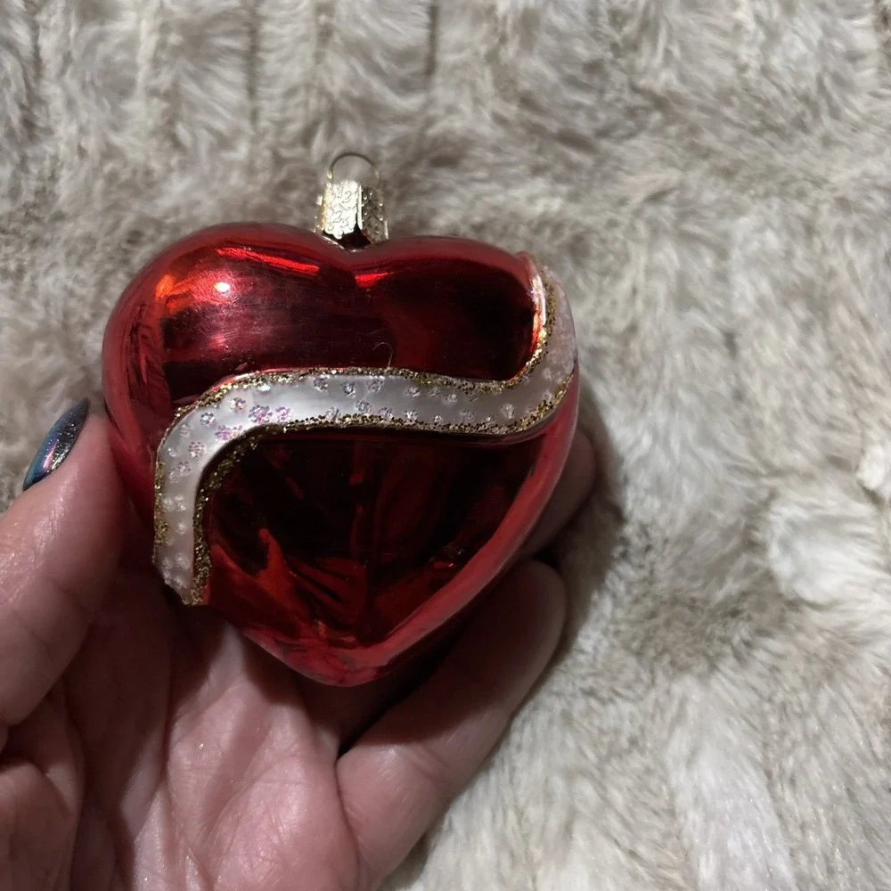 Blown Glass Red Heart Ornament Pink Ribbon Glitter